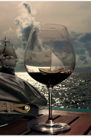 Fondo de pantalla Ships In Sea And In Wine Glass 320x480