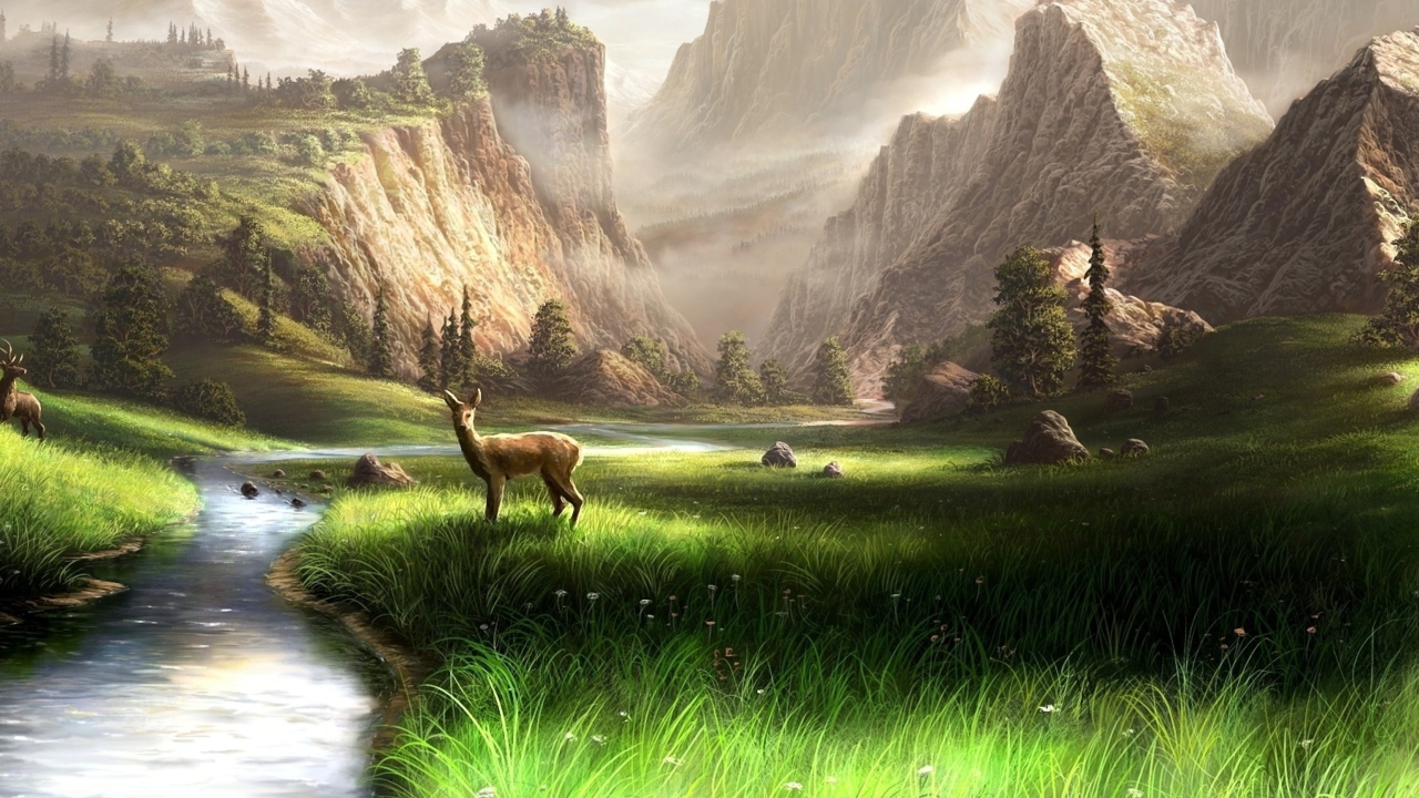 Das Deer At Mountain River Wallpaper 1280x720