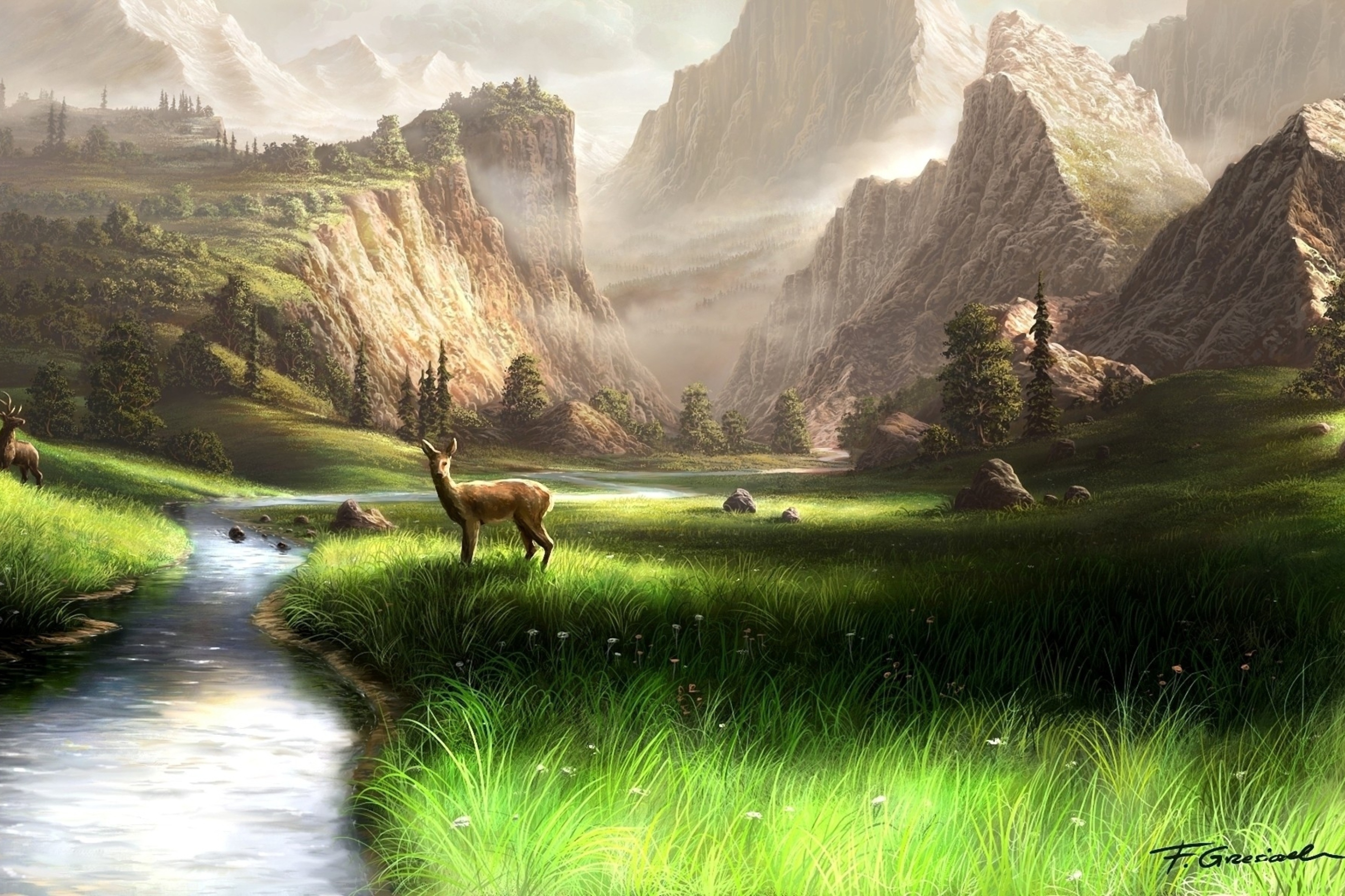 Fondo de pantalla Deer At Mountain River 2880x1920