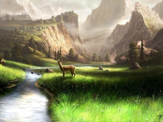 Das Deer At Mountain River Wallpaper 320x240
