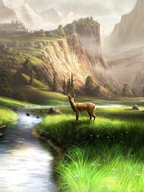 Deer At Mountain River wallpaper 480x640