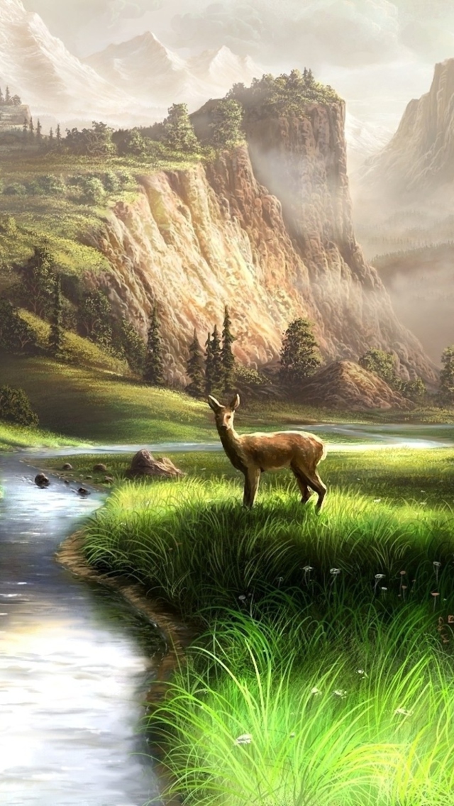 Deer At Mountain River wallpaper 640x1136