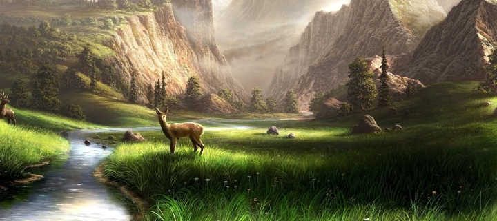 Das Deer At Mountain River Wallpaper 720x320