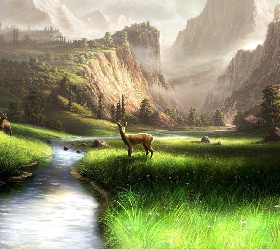 Das Deer At Mountain River Wallpaper 960x854