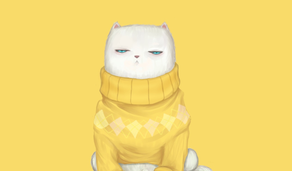 Обои White Cat In Yellow Sweater 1024x600