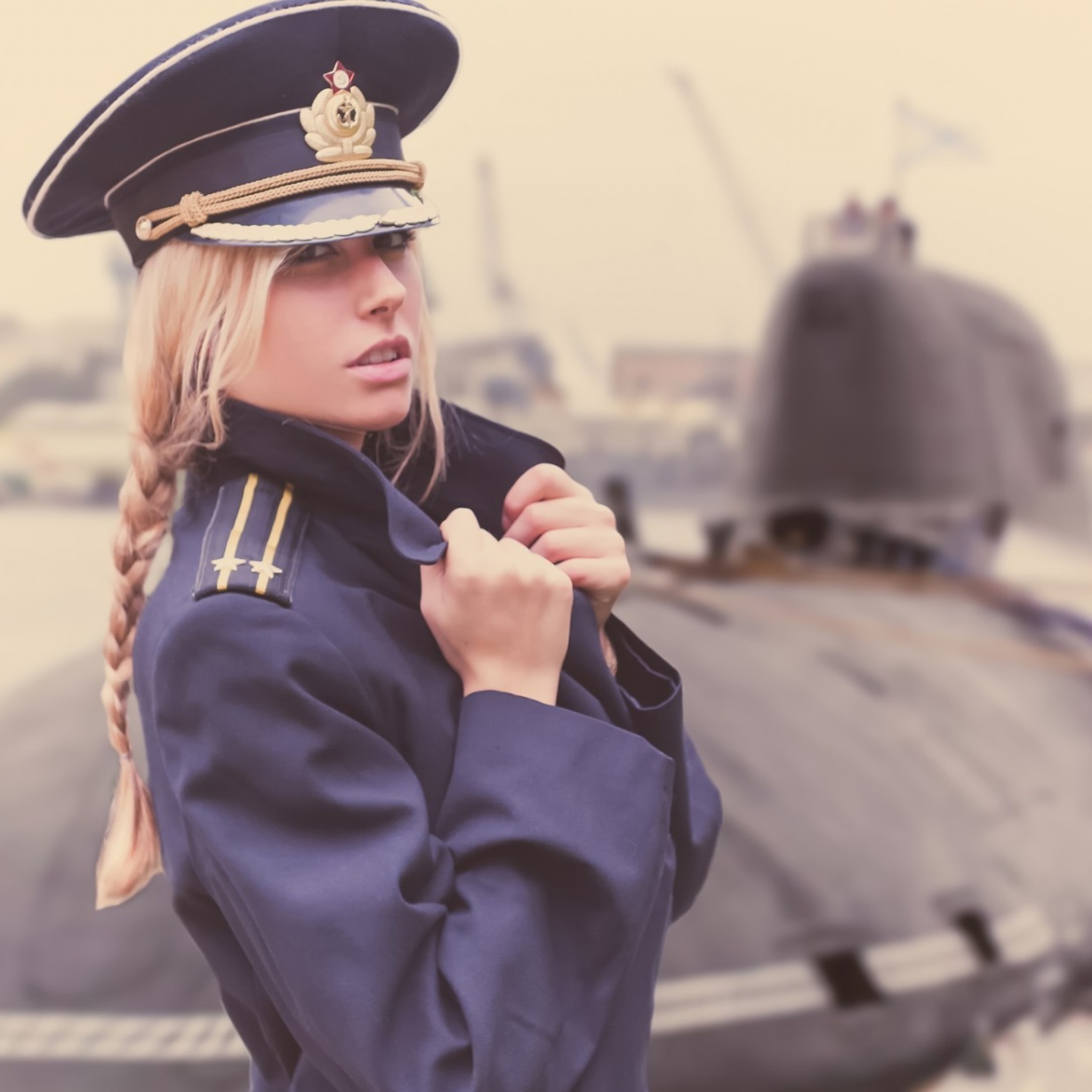 Blonde military Girl on Marine Navy wallpaper 2048x2048
