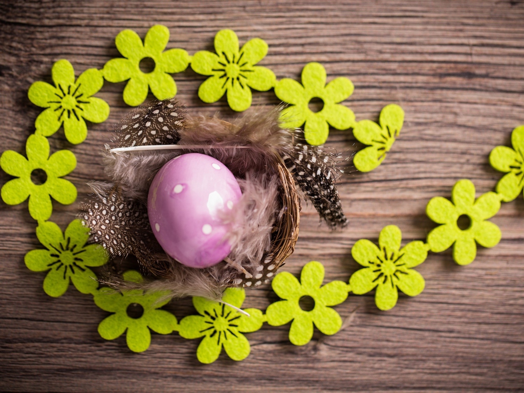 Purple Egg, Feathers And Green Flowers wallpaper 1024x768