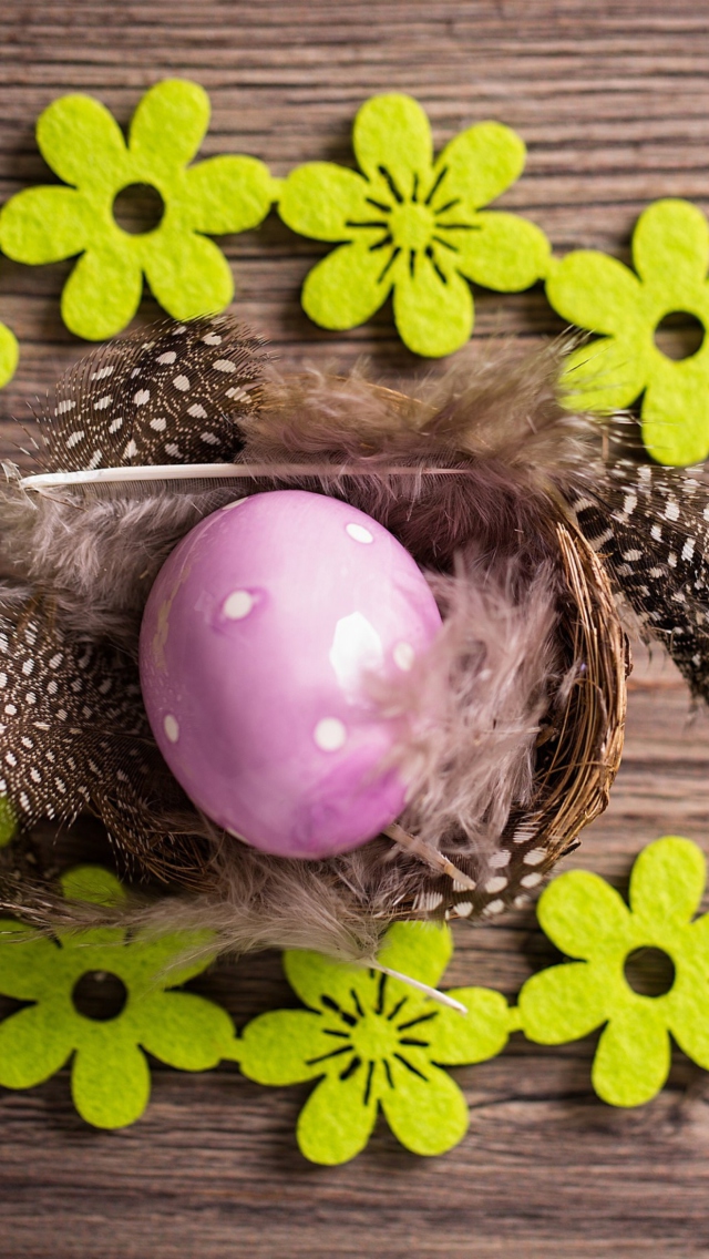 Sfondi Purple Egg, Feathers And Green Flowers 640x1136