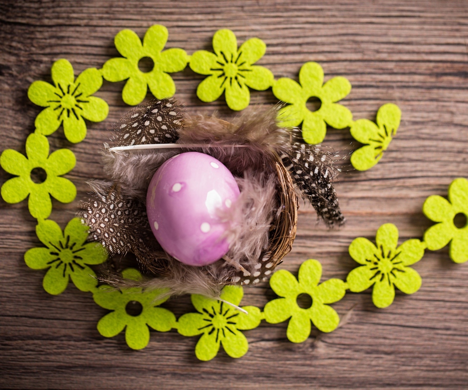 Purple Egg, Feathers And Green Flowers wallpaper 960x800