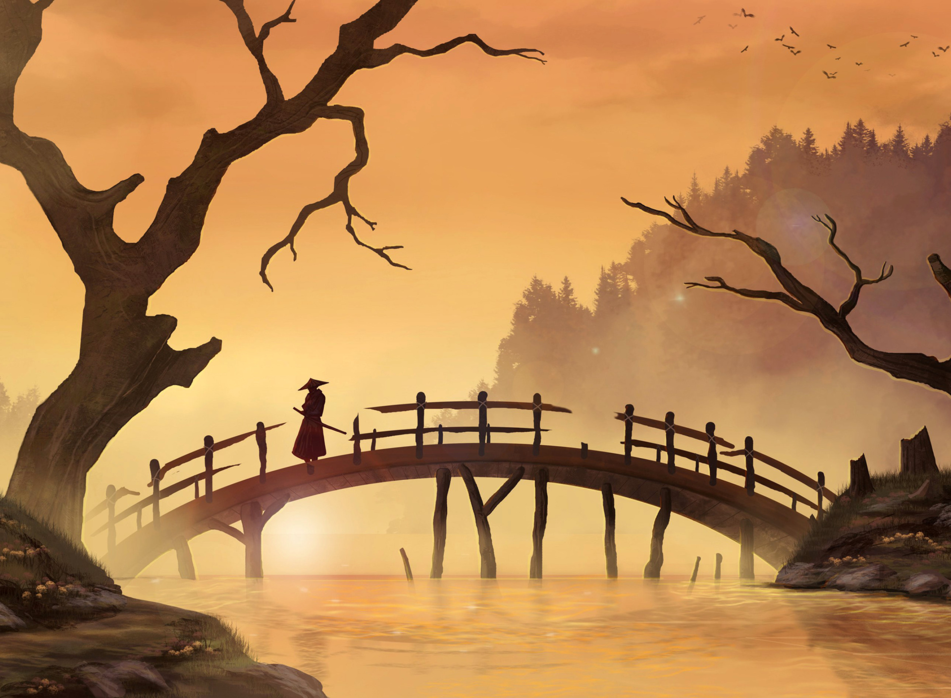 Обои Samurai on Bridge 1920x1408