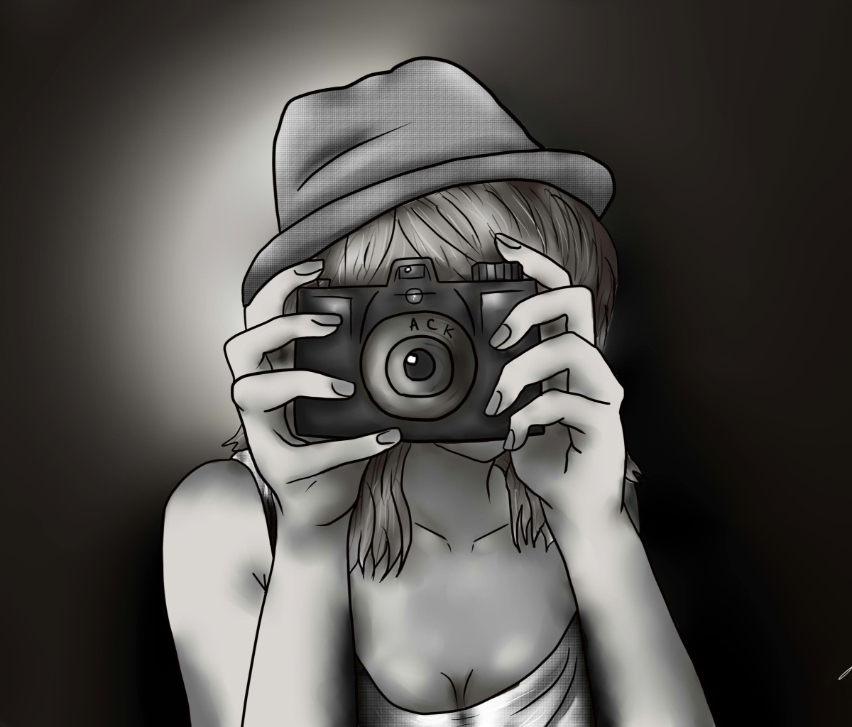 Black And White Drawing Of Girl With Camera wallpaper 1200x1024