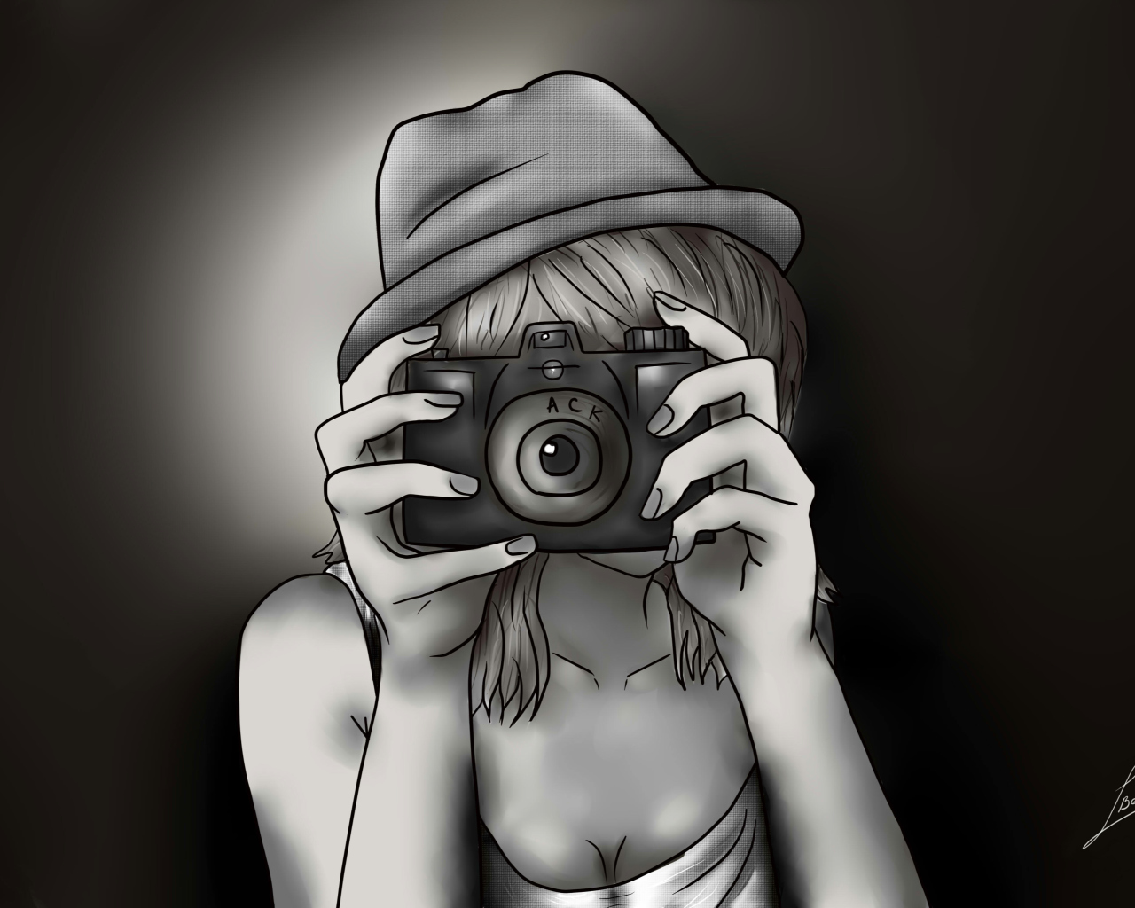 Обои Black And White Drawing Of Girl With Camera 1280x1024