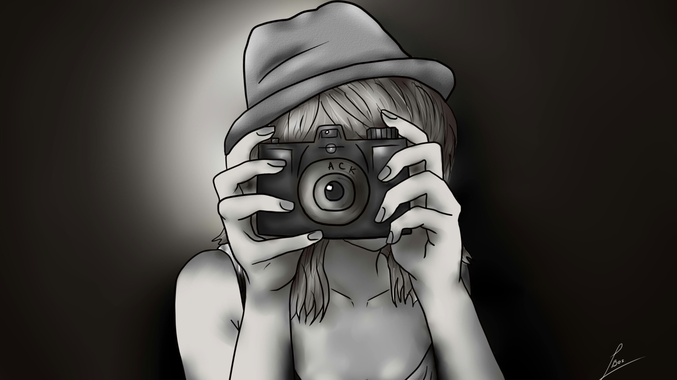 Das Black And White Drawing Of Girl With Camera Wallpaper 1366x768