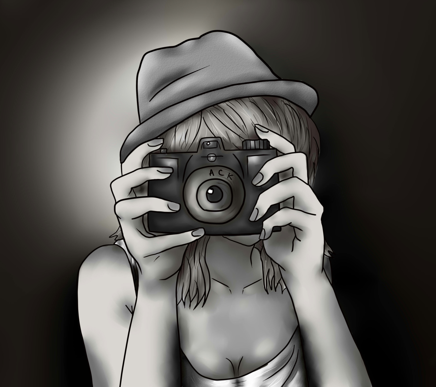 Обои Black And White Drawing Of Girl With Camera 1440x1280
