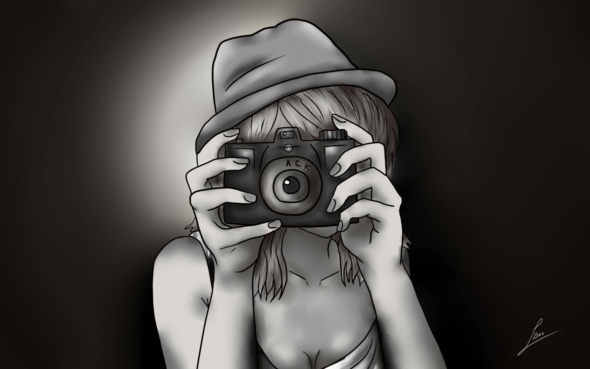 Das Black And White Drawing Of Girl With Camera Wallpaper 1920x1200