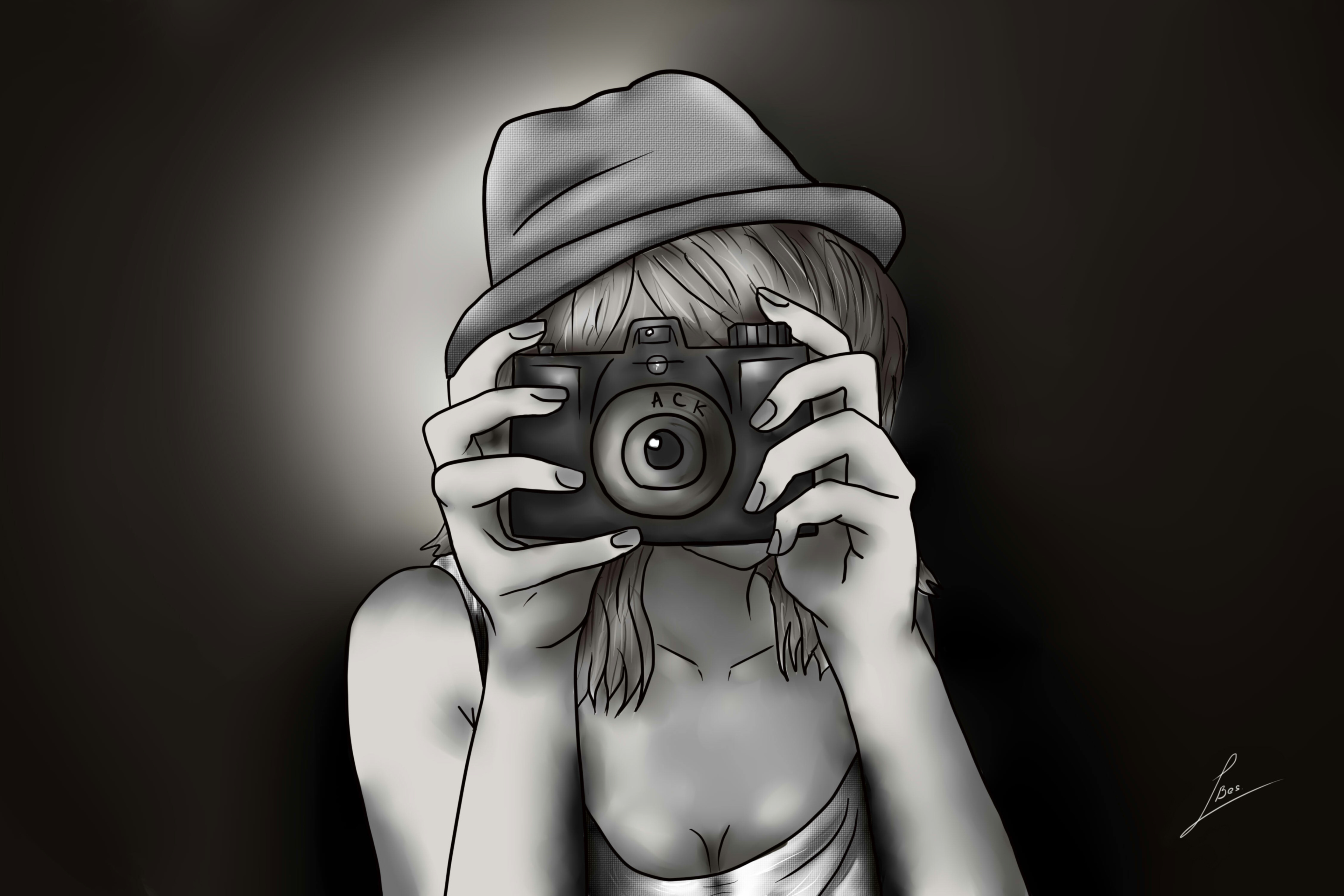 Sfondi Black And White Drawing Of Girl With Camera 2880x1920