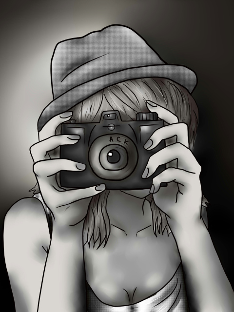 Black And White Drawing Of Girl With Camera wallpaper 480x640