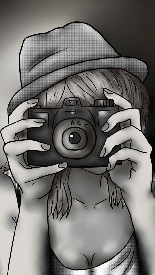 Fondo de pantalla Black And White Drawing Of Girl With Camera 640x1136