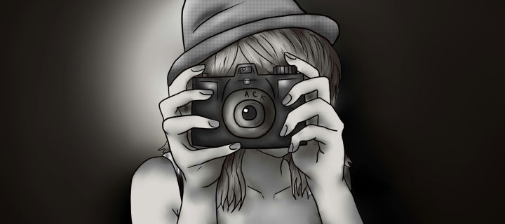 Das Black And White Drawing Of Girl With Camera Wallpaper 720x320