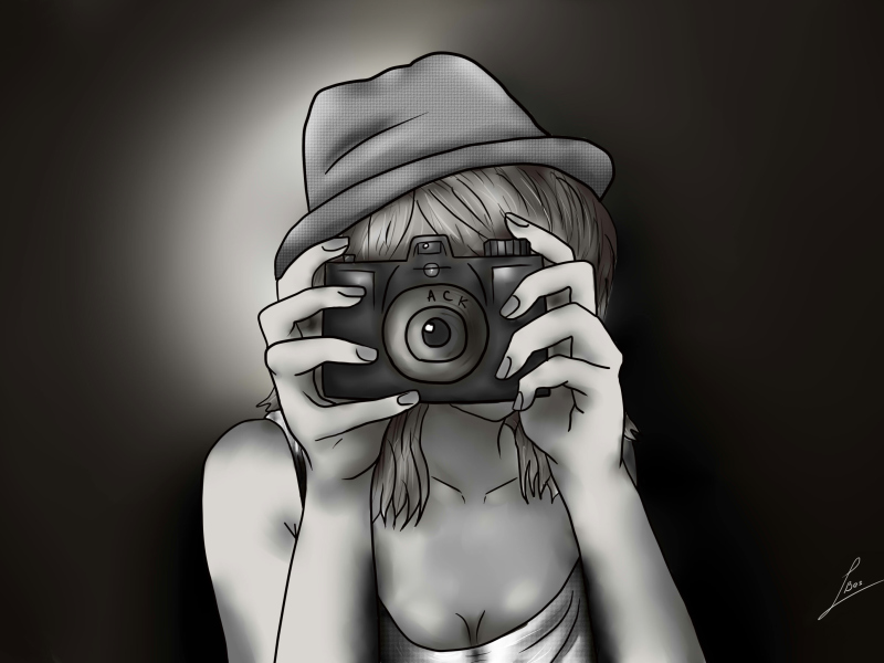 Black And White Drawing Of Girl With Camera screenshot #1 800x600