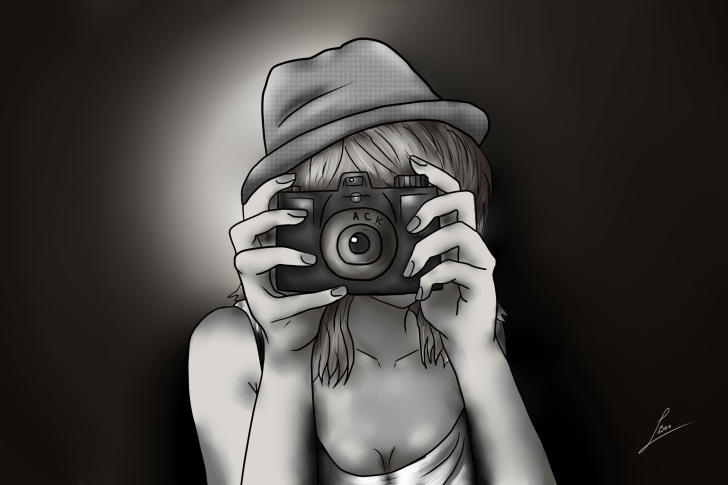 Das Black And White Drawing Of Girl With Camera Wallpaper