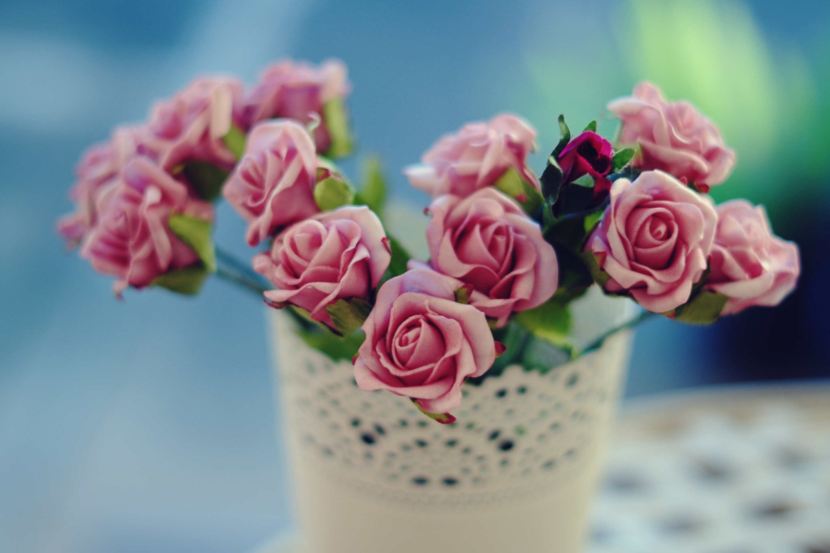 Das Beautiful Pink Roses In White Vintage Vase Wallpaper 2880x1920