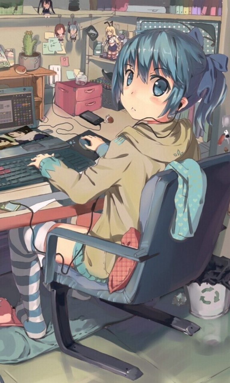 Обои Anime girl Computer designer 768x1280