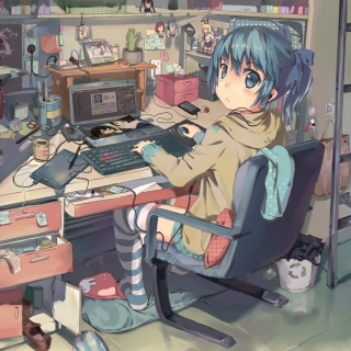 Обои Anime girl Computer designer на телефон 1024x1024