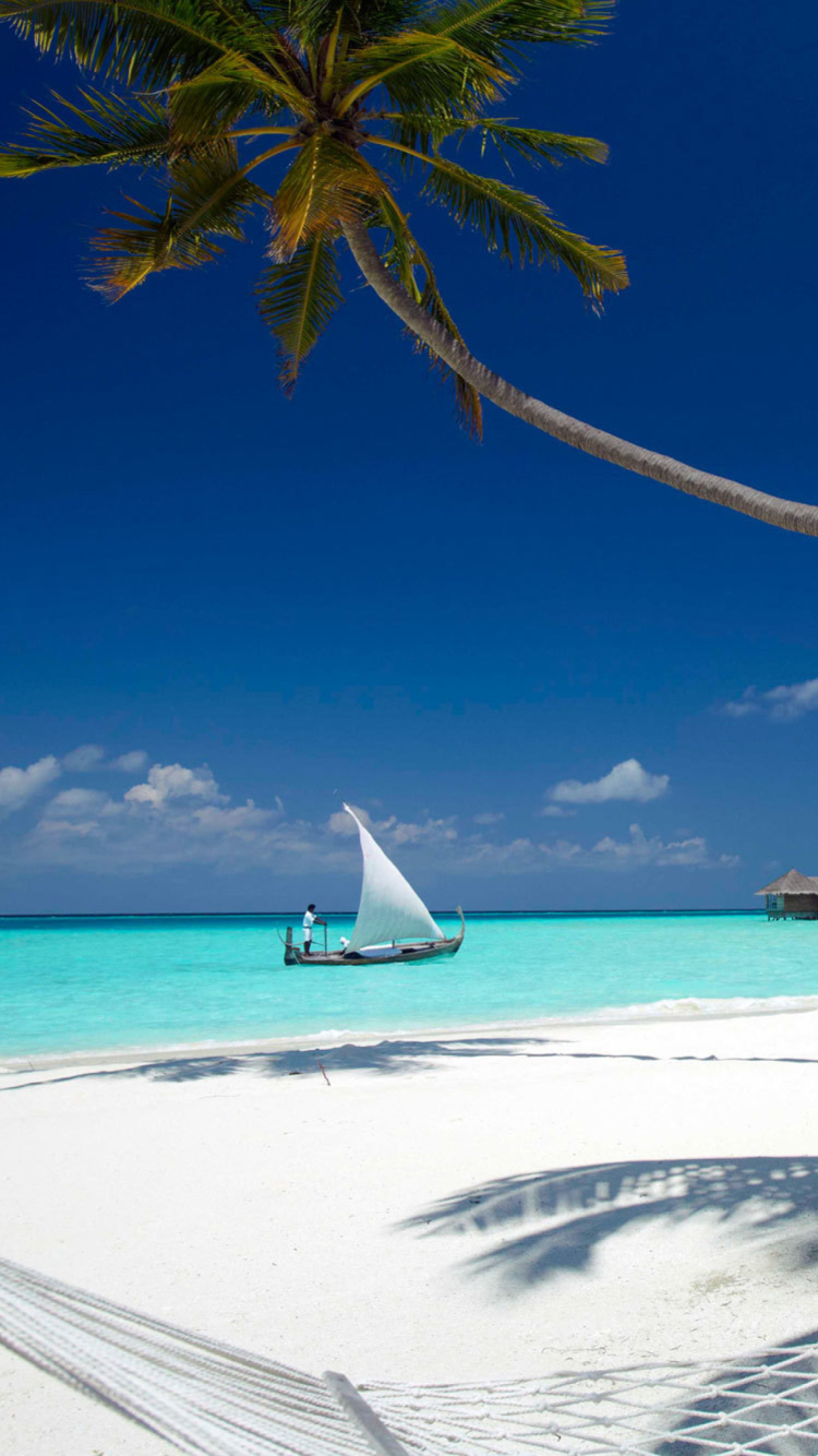 Beach With View Of Ocean And White Boat screenshot #1 750x1334