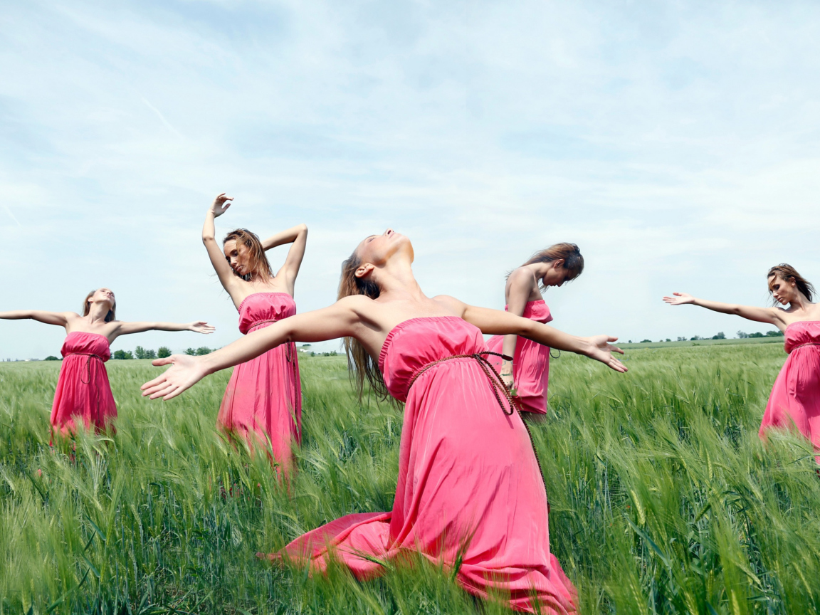 Обои Girl In Pink Dress Dancing In Green Fields 1152x864