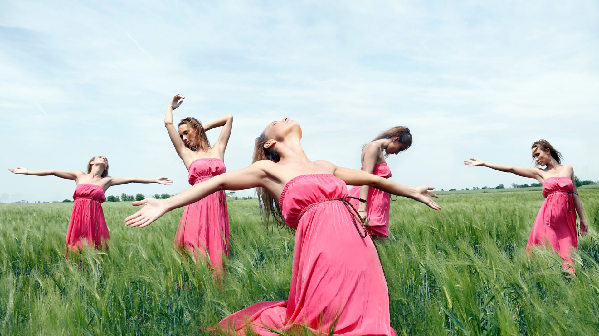 Sfondi Girl In Pink Dress Dancing In Green Fields 1920x1080