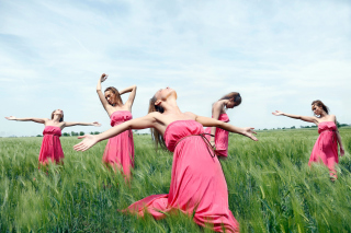 Girl In Pink Dress Dancing In Green Fields Background for Android, iPhone and iPad