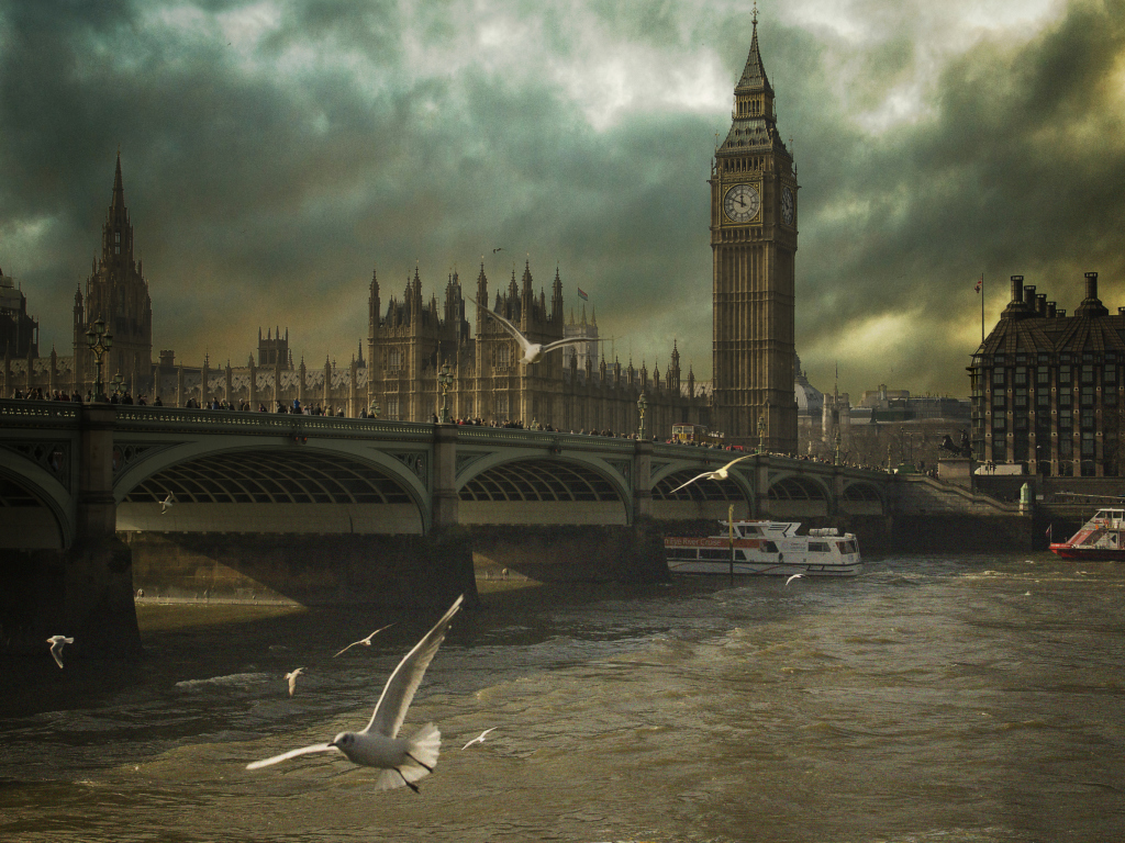 Sfondi Dramatic Big Ben And Seagulls In London England 1024x768