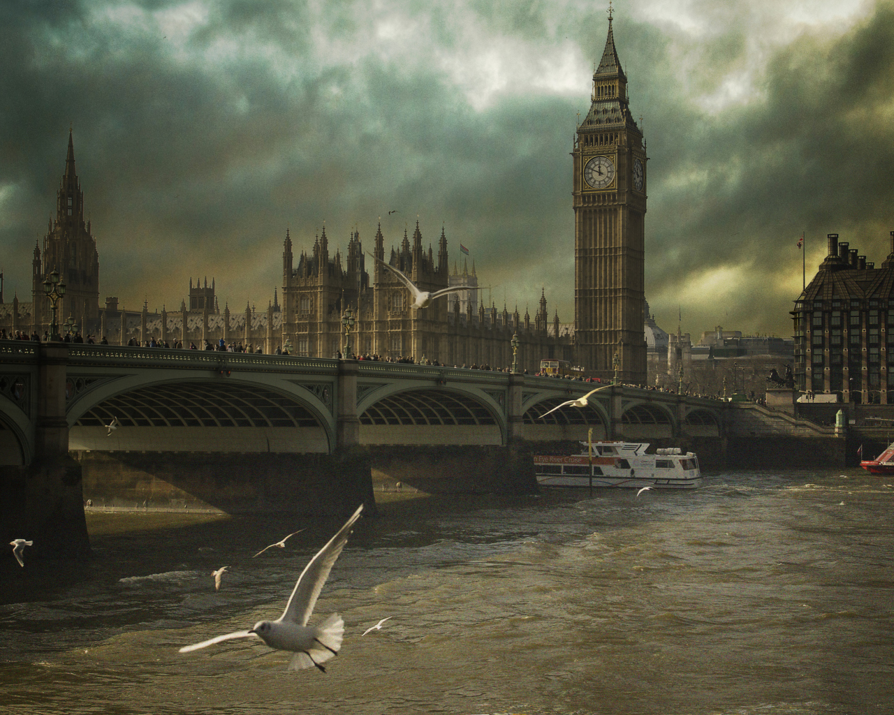 Обои Dramatic Big Ben And Seagulls In London England 1280x1024