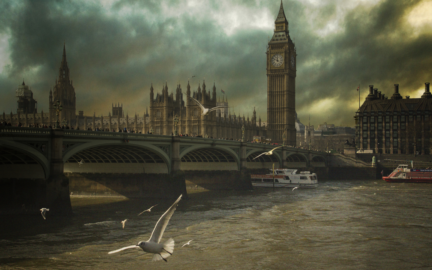 Dramatic Big Ben And Seagulls In London England screenshot #1 1440x900
