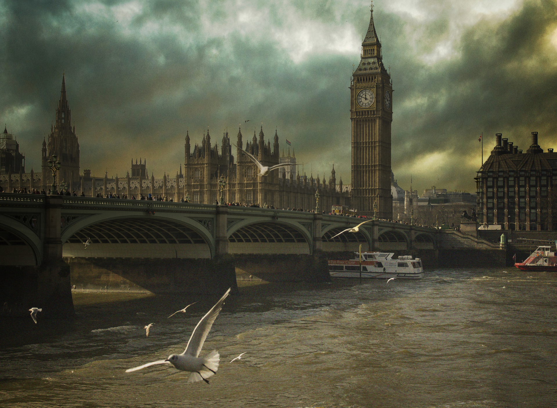 Das Dramatic Big Ben And Seagulls In London England Wallpaper 1920x1408