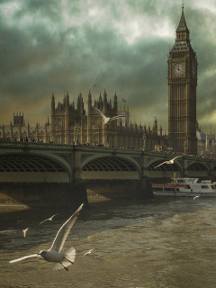 Sfondi Dramatic Big Ben And Seagulls In London England 240x320