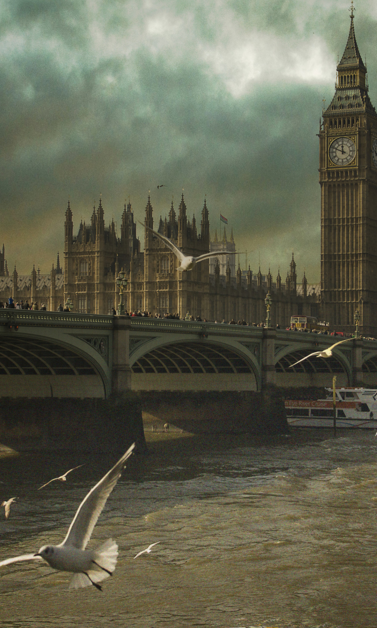 Dramatic Big Ben And Seagulls In London England wallpaper 768x1280