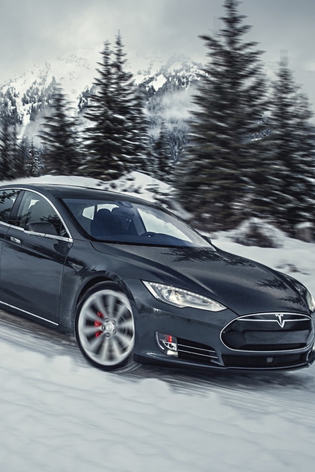 Обои Tesla Model S P85D on Snow 640x960