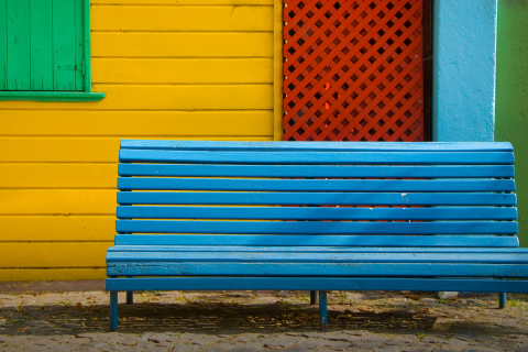 Colorful Houses and Bench wallpaper 480x320