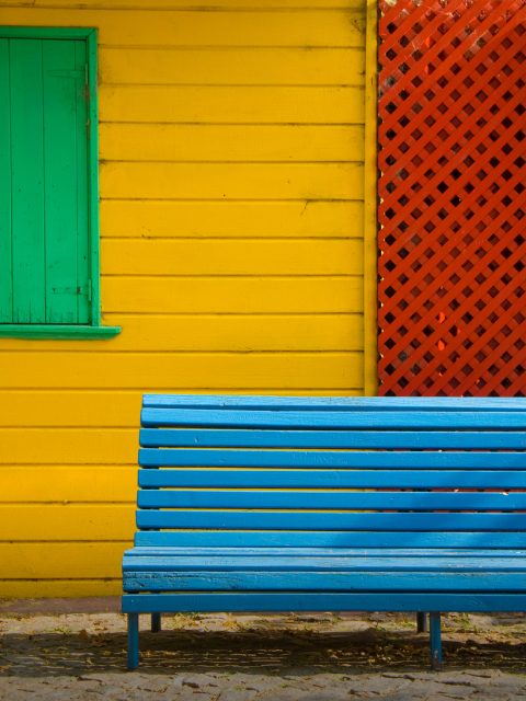 Fondo de pantalla Colorful Houses and Bench 480x640
