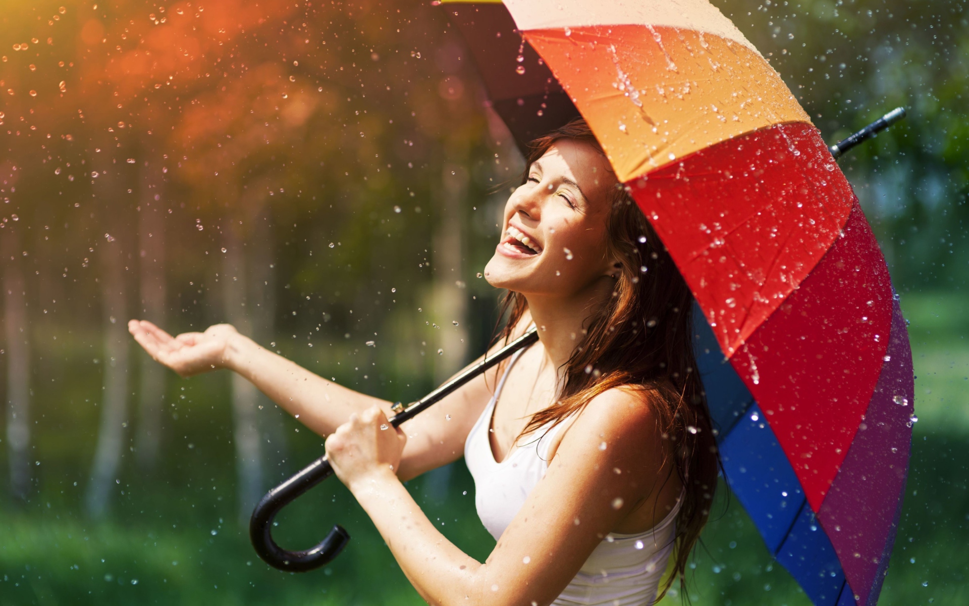 Обои Happy Girl With Rainbow Umbrella Under Summer Rain 1920x1200