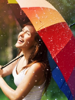 Fondo de pantalla Happy Girl With Rainbow Umbrella Under Summer Rain 240x320