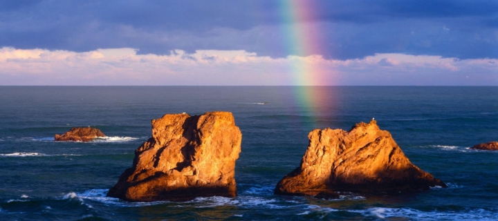 Ocean, Rocks And Rainbow wallpaper 720x320
