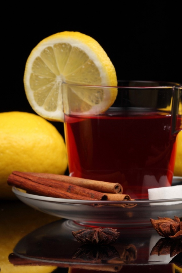 Tea with lemon and cinnamon wallpaper 640x960