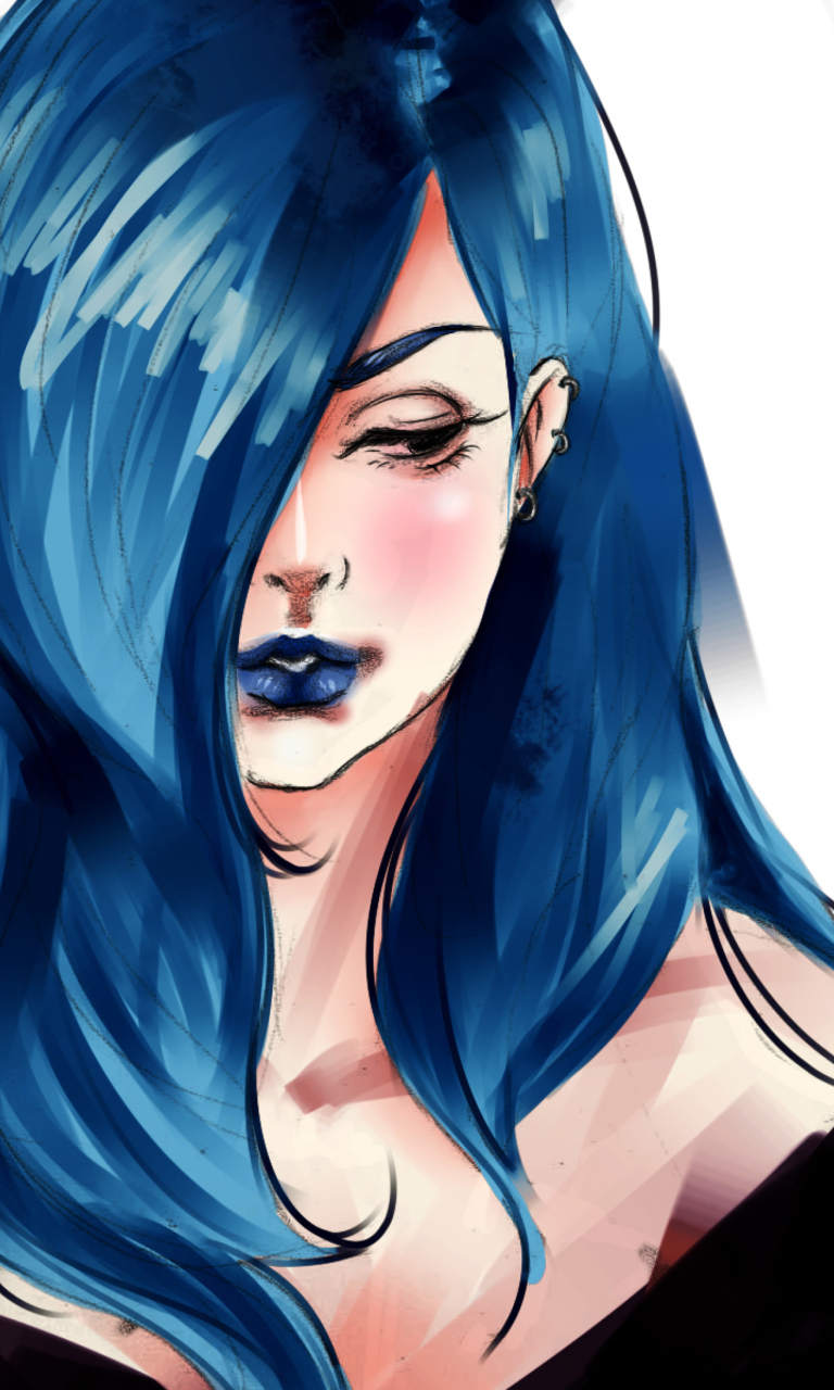 Обои Girl With Blue Hair Painting 768x1280