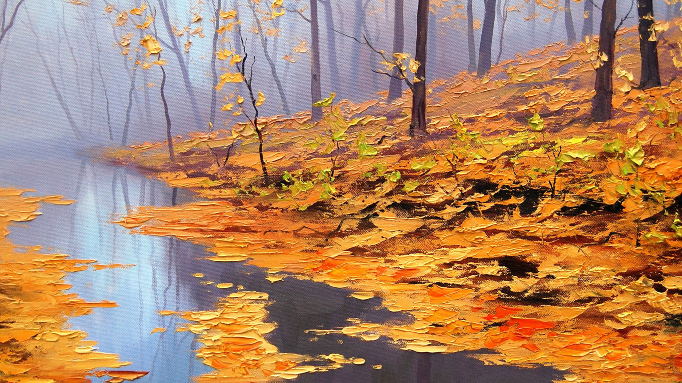 Обои Painting Autumn Pond 1366x768