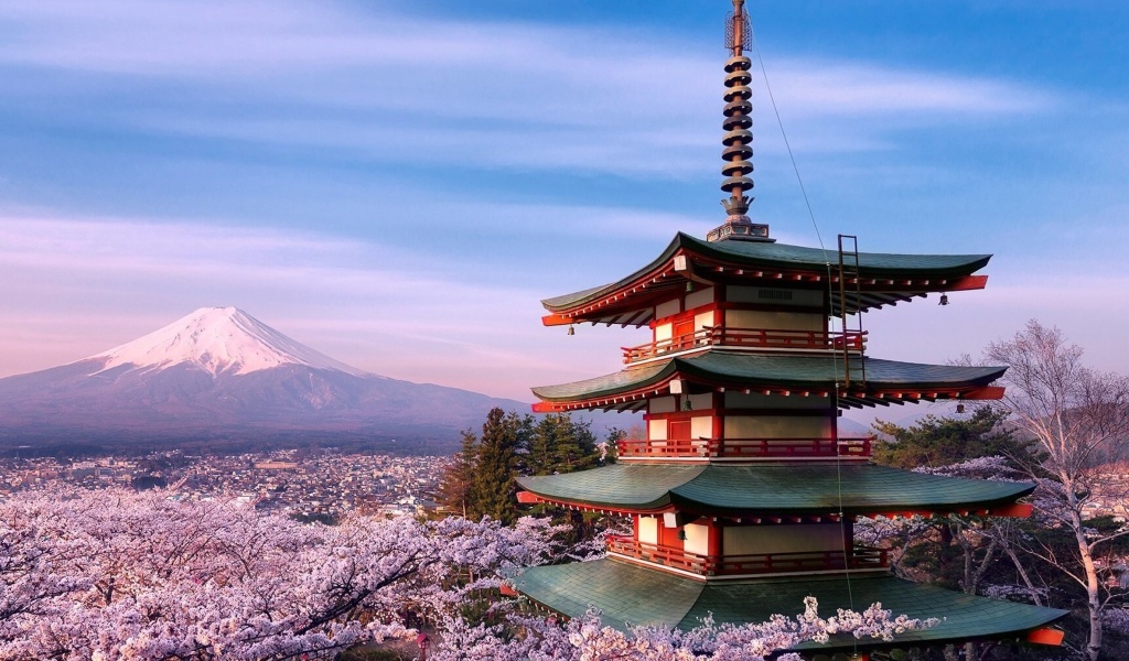 Fondo de pantalla Chureito Pagoda near Mount Fuji 1024x600