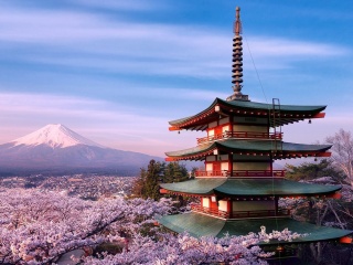 Обои Chureito Pagoda near Mount Fuji 320x240