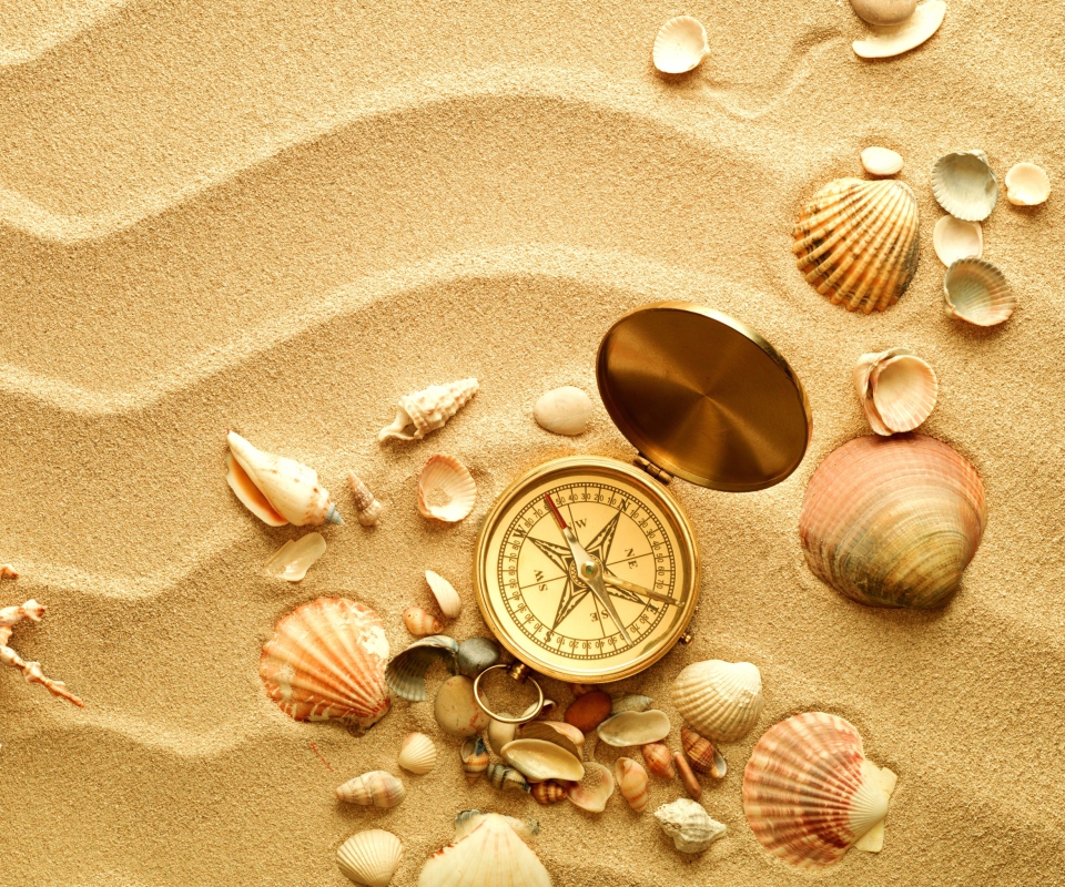 Das Compass And Shells On Sand Wallpaper 960x800